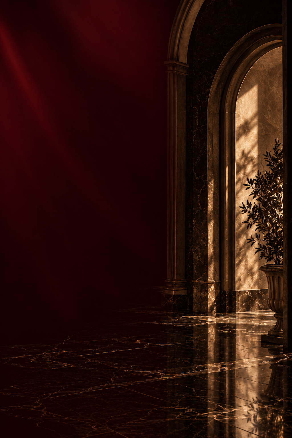 Grand marble arch interior with columns and an olive plant in warm sepia tones