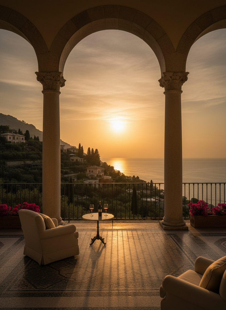 Tall portrait vertical photograph of a classical arched colonnade of an Italian villa with a golden sunset beyond the arches, warm amber tones, elegant stone columns, Mediterranean architecture, cinematic golden hour light