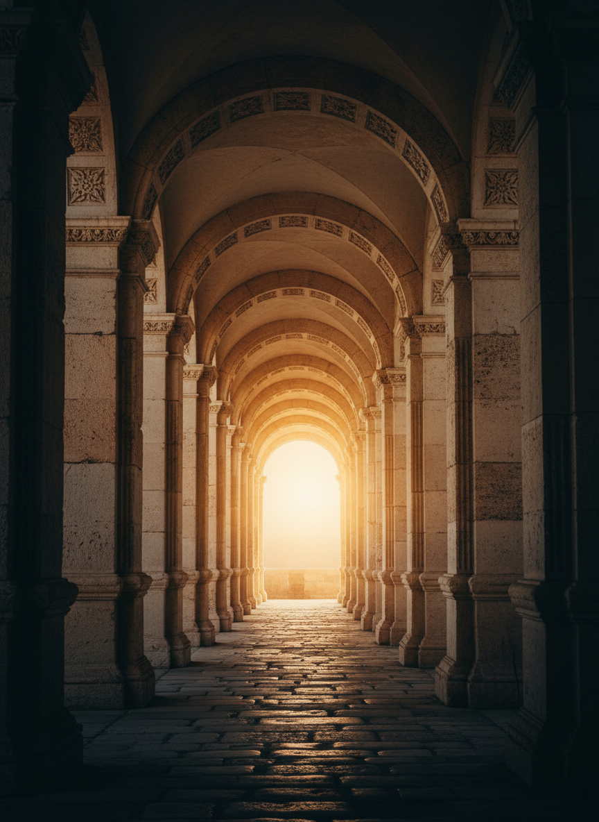Tall portrait vertical photograph of a dramatic classical arched doorway and arcade with strong warm golden backlight, very moody and atmospheric, silhouetted stone arches, Mediterranean architecture, cinematic golden hour